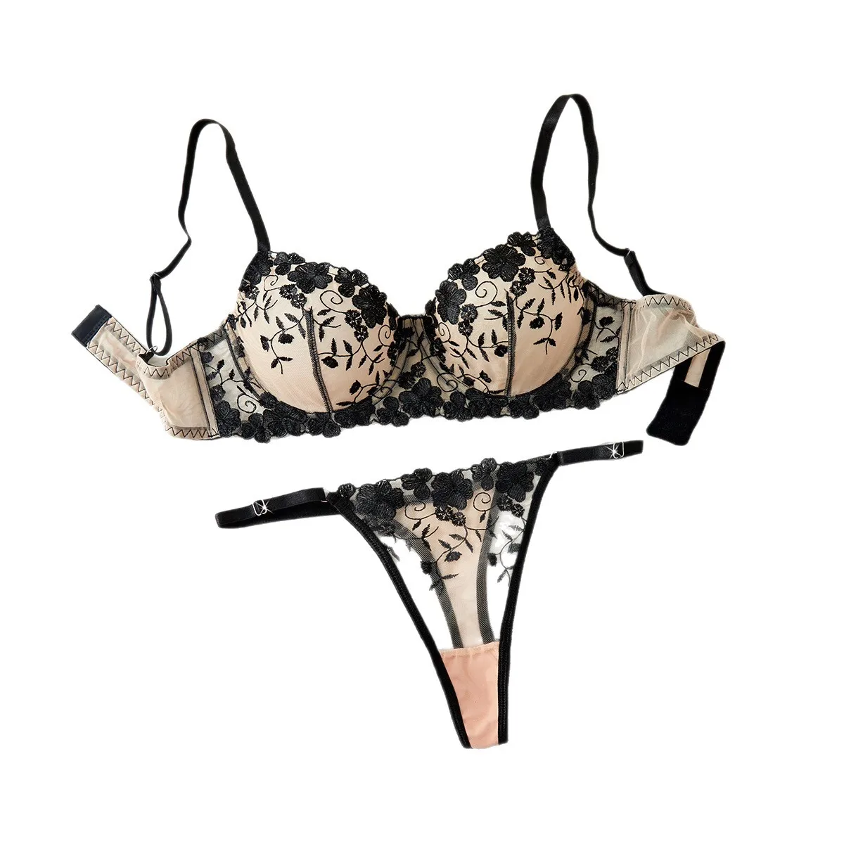 

European Style Lingerie Set, Mesh Vine Embroidery, Thin Push-Up Bra