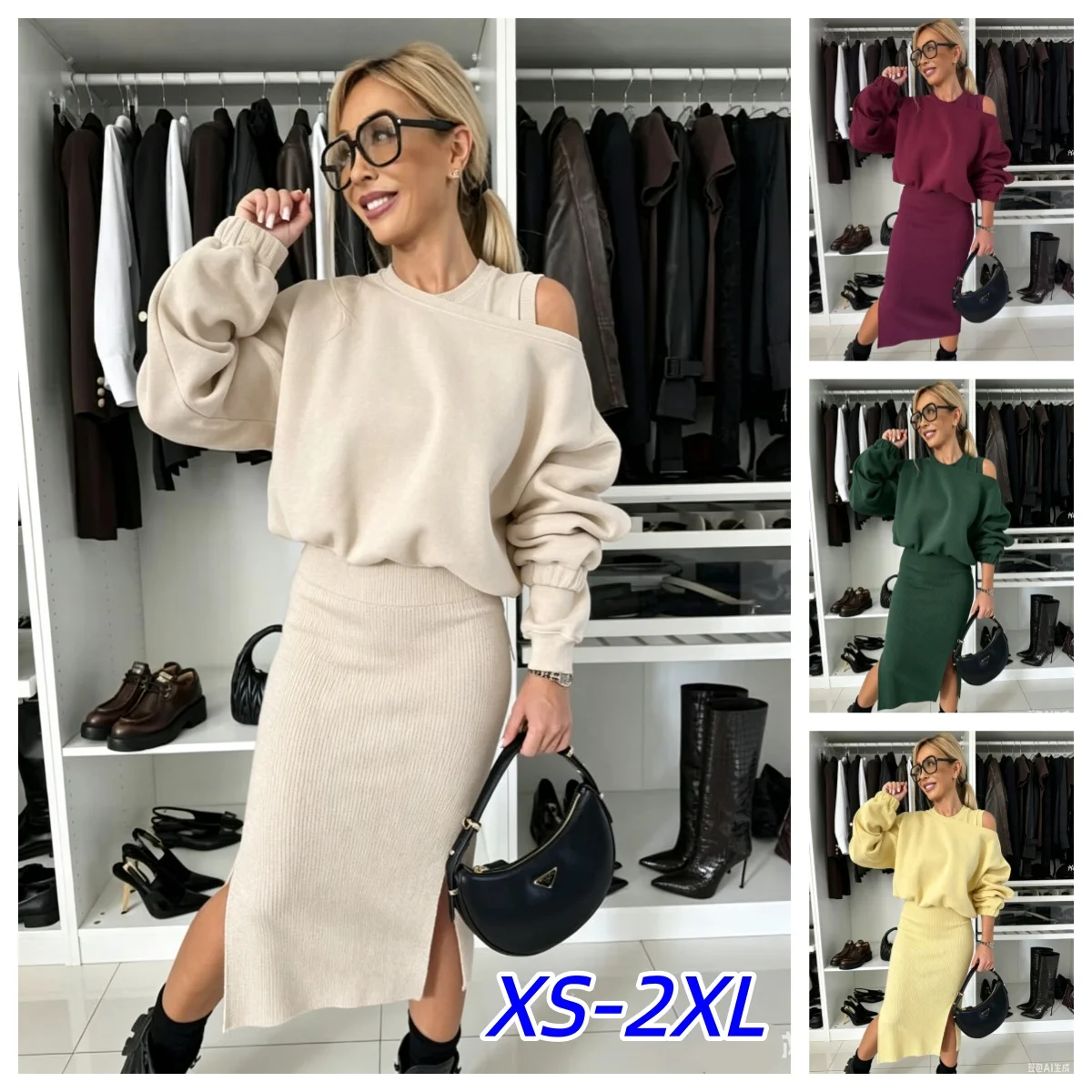 Fashion Casual Solid Two Piece Outfits Woman Autumn Loose One-line Collar Bat-sleeve Short Sweatshirt Vest Dress Suit For Women