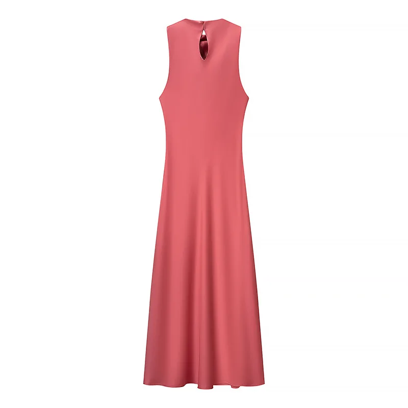 Women's Satin Pleated Midi Dress Half Turtleneck Slim Back Hollow High Waist Solid A-line Dress Spring Summer New Chic Top