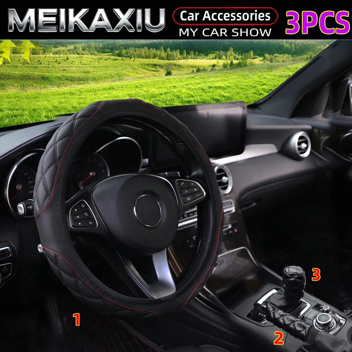 3PCS PU Leather Embroidered Steering Wheel Cover Set for 38CM Rimless Car with Brake Handle & Gearshift Cover