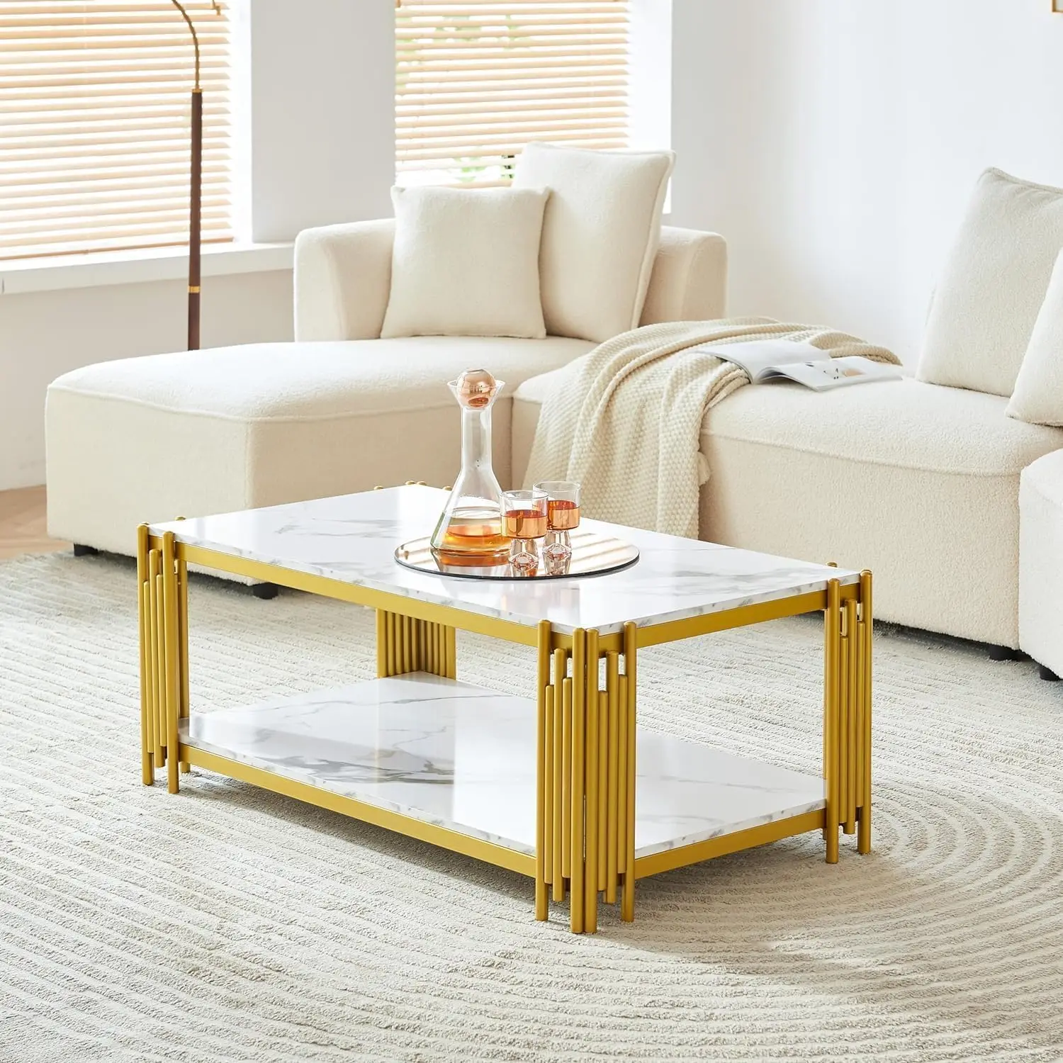 47 Inch White Marble Coffee Table With Gold Chrome Metal Base, 2-Tier Rectangle Faux Marble Center Table Coffee Cocktail Table,