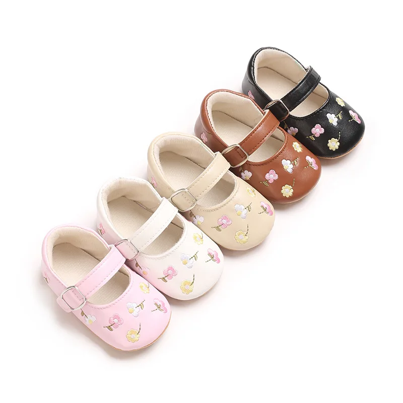 Baby Shoes Embroidered Girls' Flat Princess Shoes Non Slip Rubber Sole 0-1 Year Old Newborns