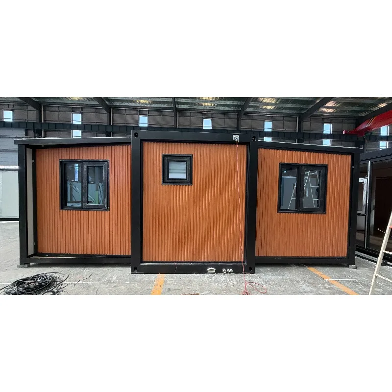 20ft 40ft Double Wing Expandable Container House Steel Structure Wood Grain Siding Large Windows Garden Studio Cabin