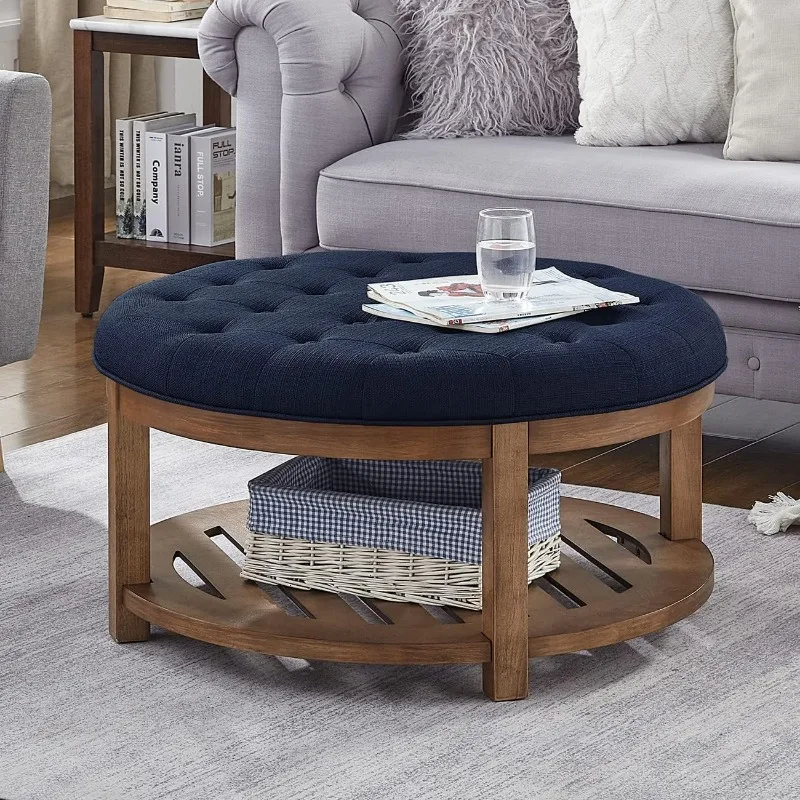 Large Round Upholstered Tufted Linen Ottoman Coffee Table, Large Footrest Ottoman with Wood Shelf Storage