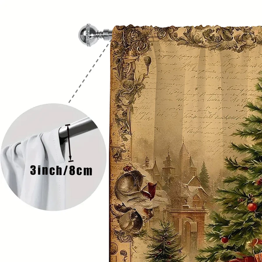 2PCS Vintage Christmas Tree Curtains, Retro Parchment Postcard Style Gift Box, Rustic Holiday Window Drapes for Bedroom Living