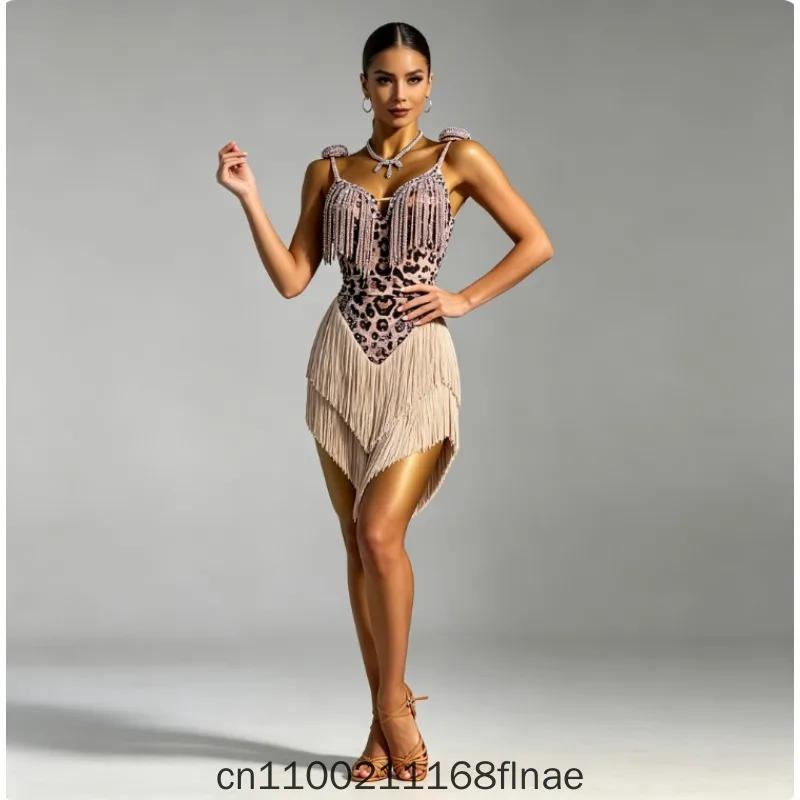 High End Latin Dance Dress, Adult Leopard Print Competition, Children's Tassel Dress, Professional Art Examination Clothing