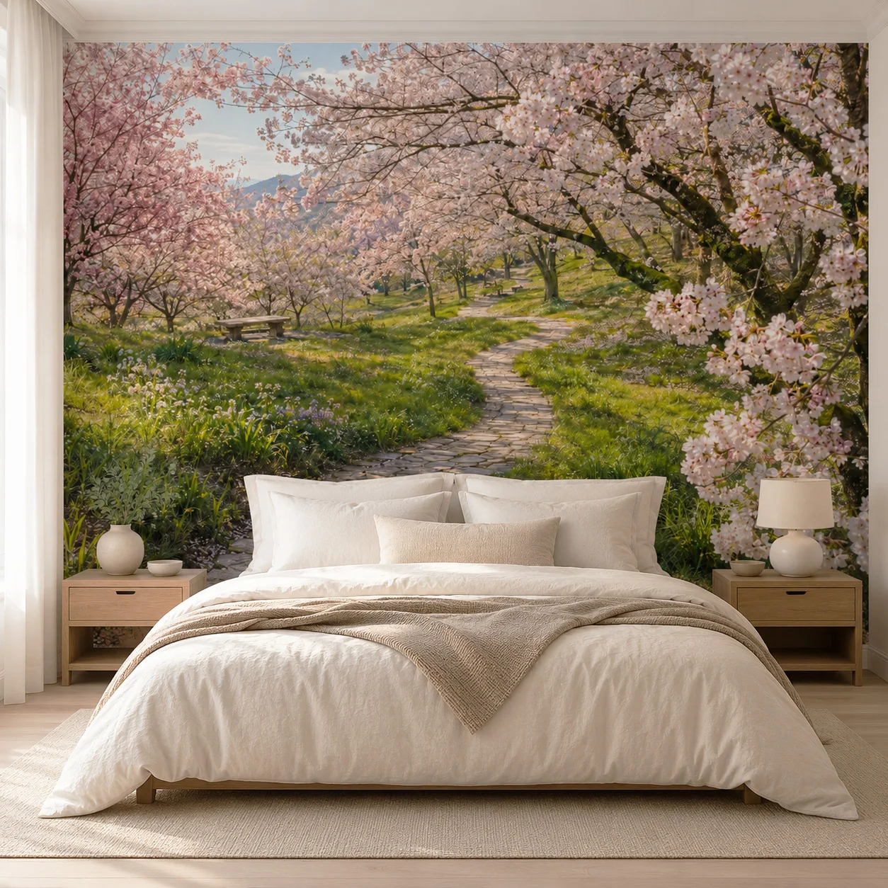 Cherry Blossom Garden Wallpaper Mural Spring Floral Path Landscape Wall Decor Living Room Bedroom Non Self Adhesive