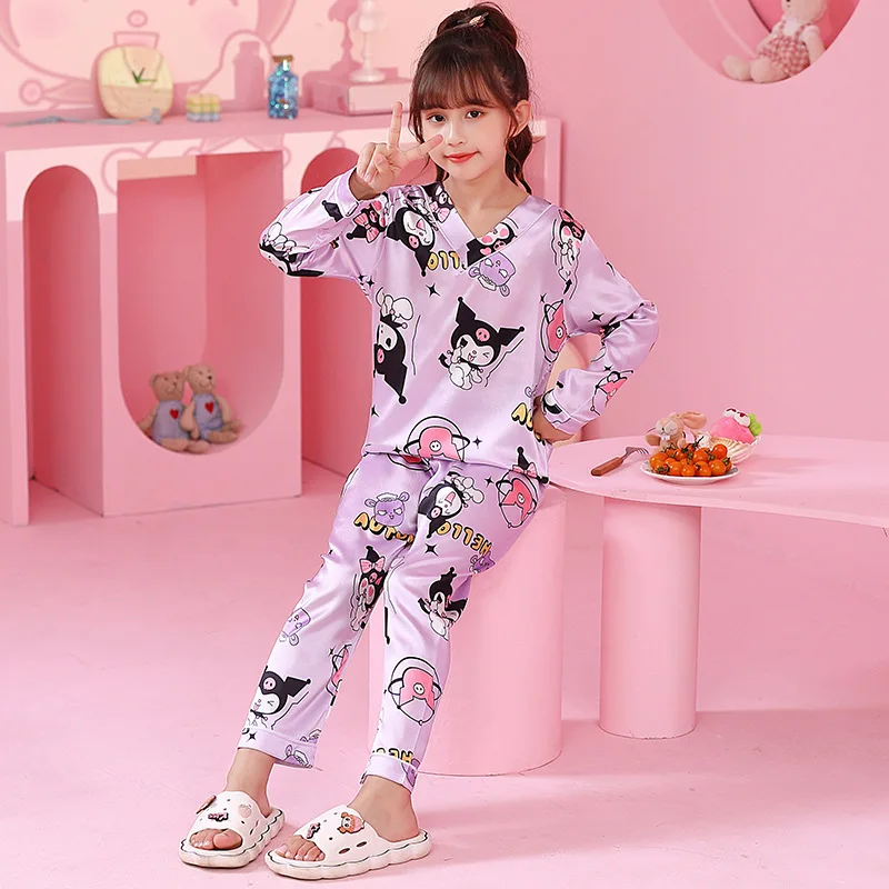 Sanrio-Pijama de seda de hielo para niños, ropa de casa, conjunto de pijama de manga larga, suelto, fino, dibujos animados, Hello Kitty, regalo para niños