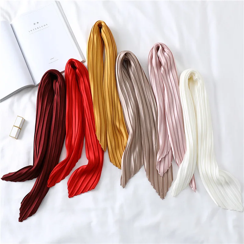 70cm Soft Neckerchief Solid Color Decorative Headscarf Women's Hijab Scarves Crinkled Hair Scarf Square Pleated Silk Satin Hijab