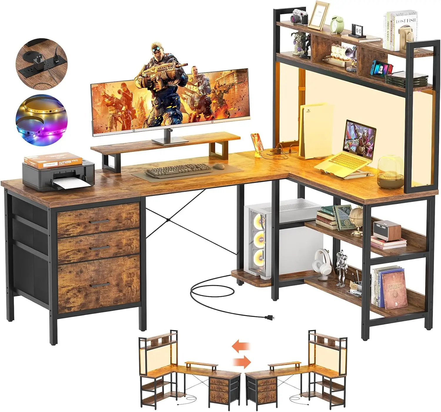 Aheaplus L Shaped Desk with Hutch, Gaming Desk with Led Lights, Reversible Computer Desk with Power Outlet, Corner Desk with