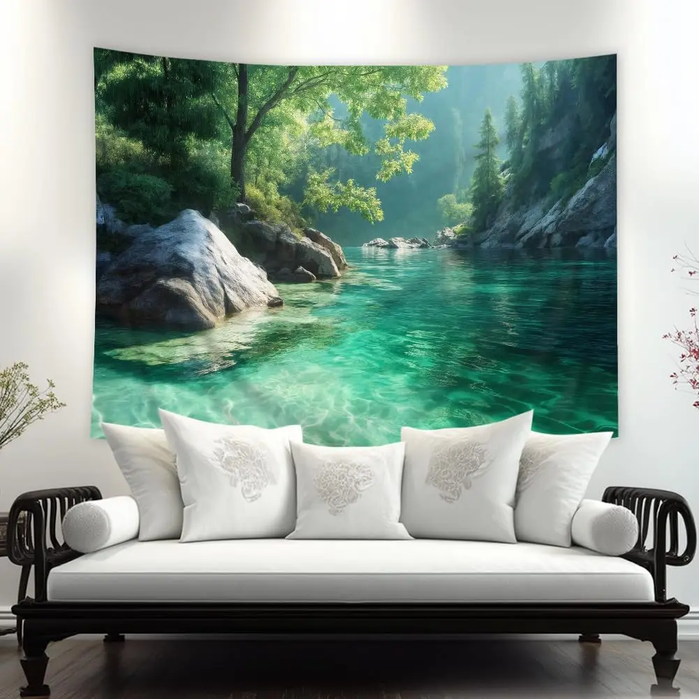 Luxury Natural Mountain Lake Tapestry, Green Forest River Print Large Wall Hanging for Artistic Bedroom Living Room Home Office