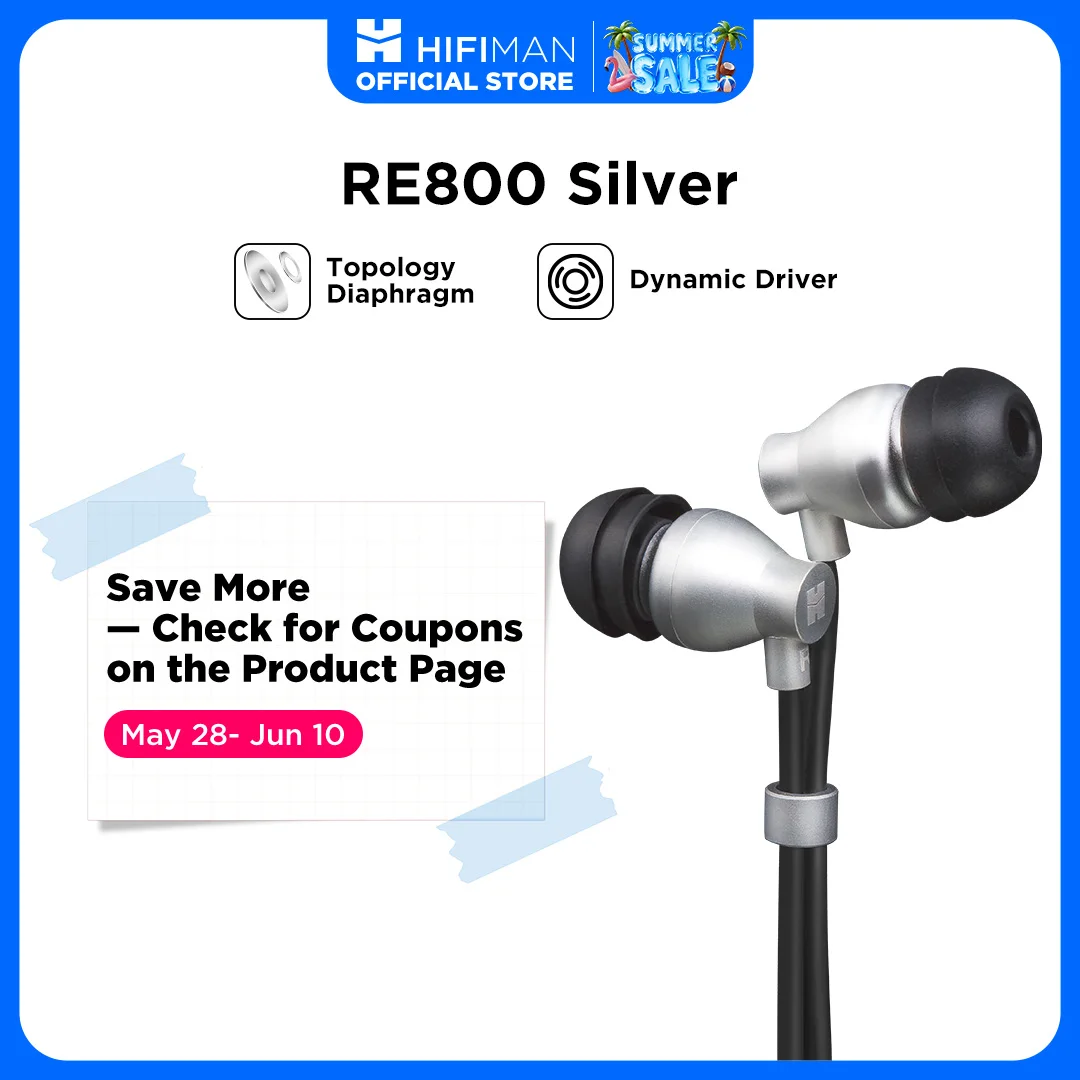 HIFIMAN RE800 Silver Dynamic Driver with Topology Diaphragm Ergonomic Fit Wired Hi-Fi In-Ear Earphones for Audiophiles
