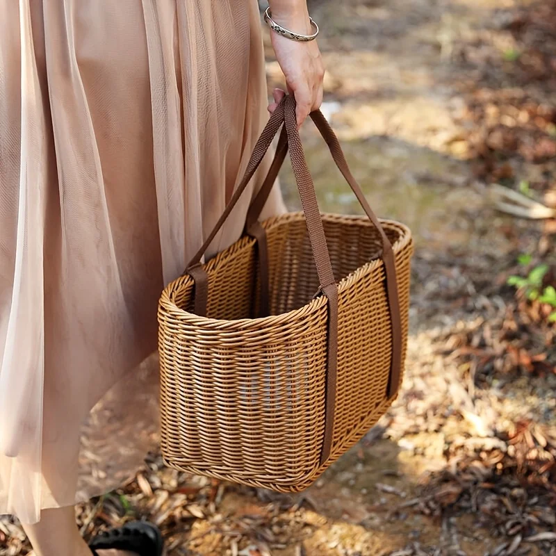 Handmade Imitation Rattan Woven Shopping Basket Large Capacity Tote for Grocery Picnic Fruit Vegetable Kitchen Storage Organizer