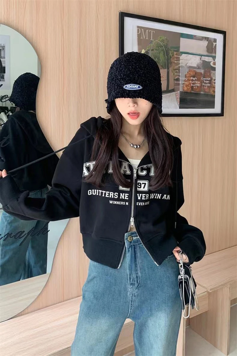 Y2k Harajuku Letter Zipper Women Hoodies American Retro Loose Long Sleeve Sweatshirt Female Casual Outwear Spring New Clothes