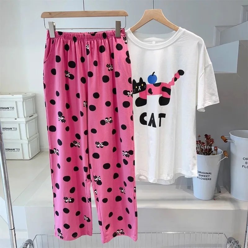 

Весенне-летний комплект для дома с мультяшным котом и горошком: милые женские шорты и свободная футболка с коротким рукавом, новинка 2026 года, очаровательная пижама