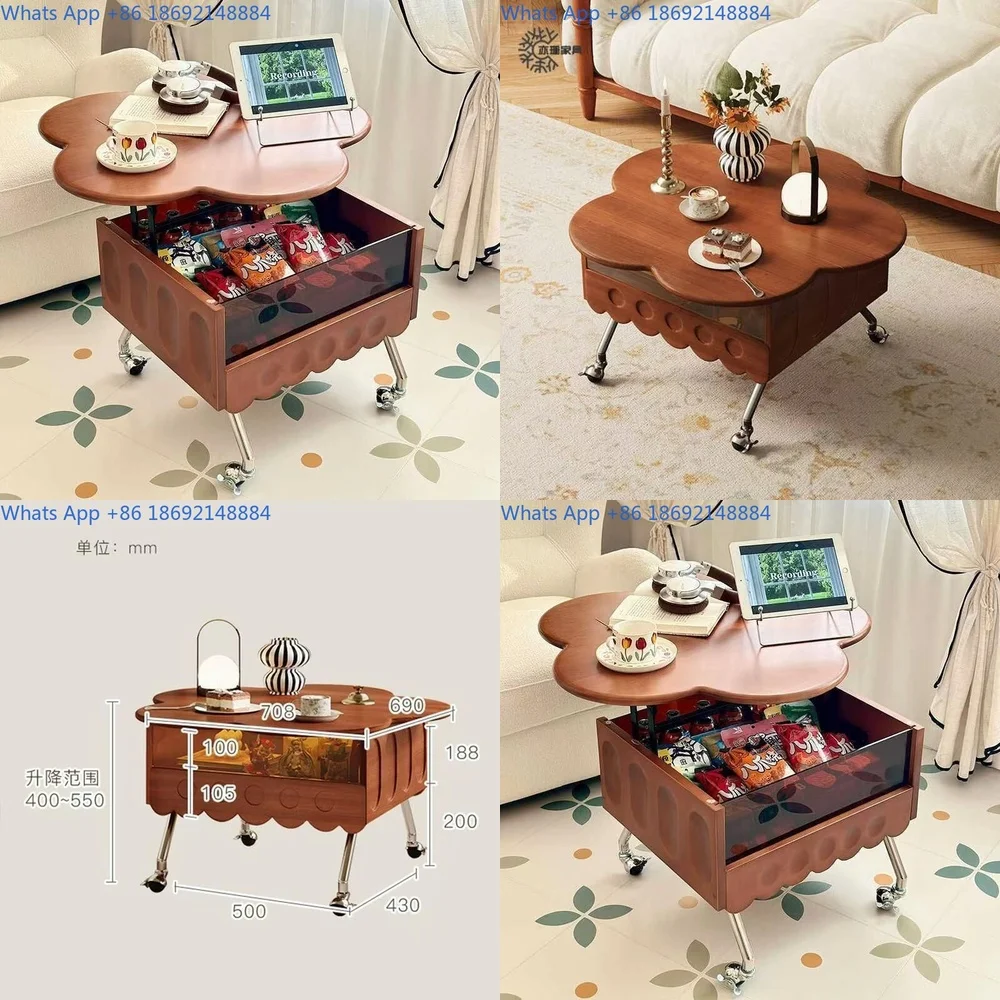 

Solid Wood Vintage Style Adjustable Petal Coffee Table for Living Room Movable Side Table for Small Spaces Multi Functional