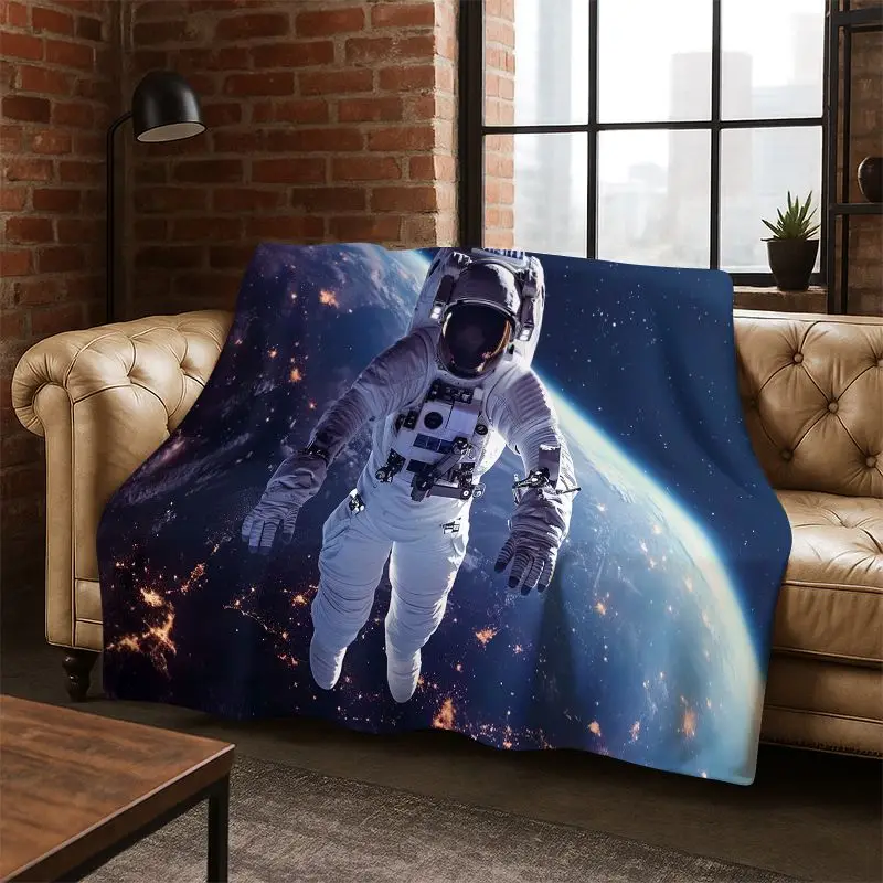 Cartoon Astronaut Universe Spaceman Outer Space Flannel Blanket Soft Warm Throw Blanket for Bedroom Living Room Bed Travel kids
