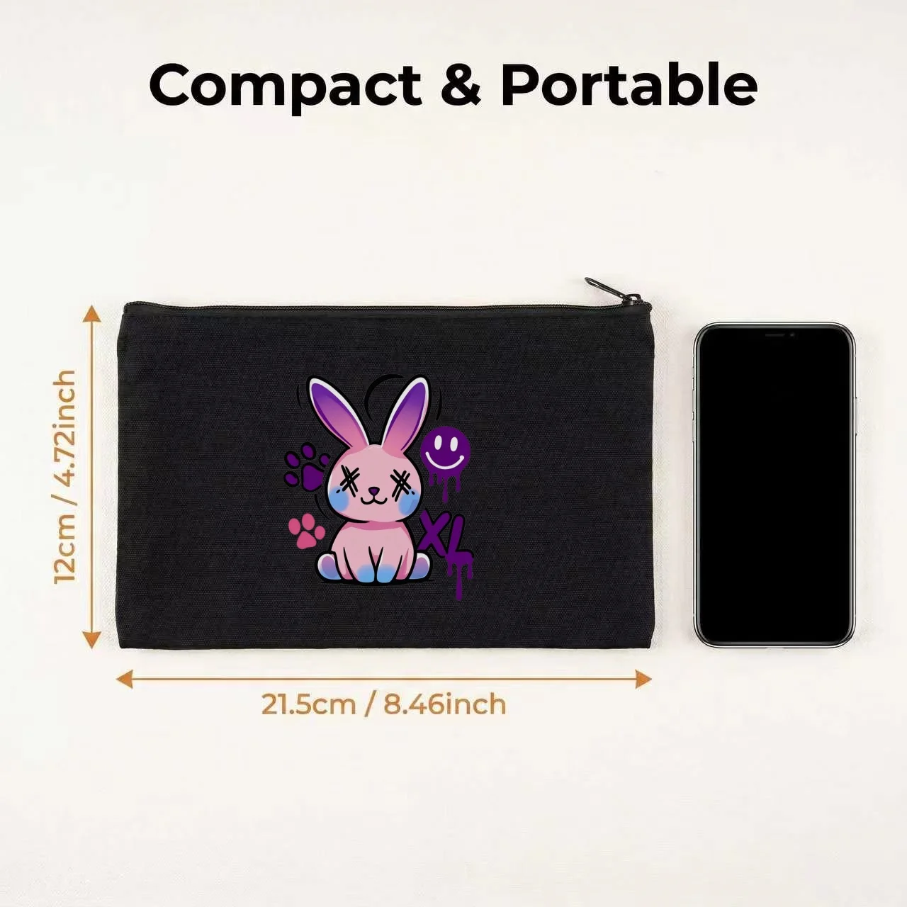 1PC Gothic Drip Purple Pink Gradient Bunny XO Smile Paw Canvas Cosmetic Bag Double Sided Portable Travel Zipper Pouch
