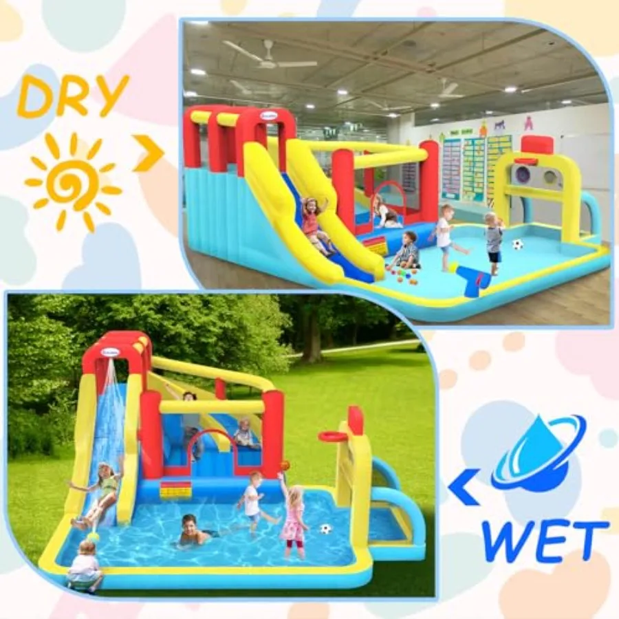 Backyard inflatable bounce house water slide combo, PVC material, blue and yellow, 16.4ft x 14.6ft with climbing wall, basketba