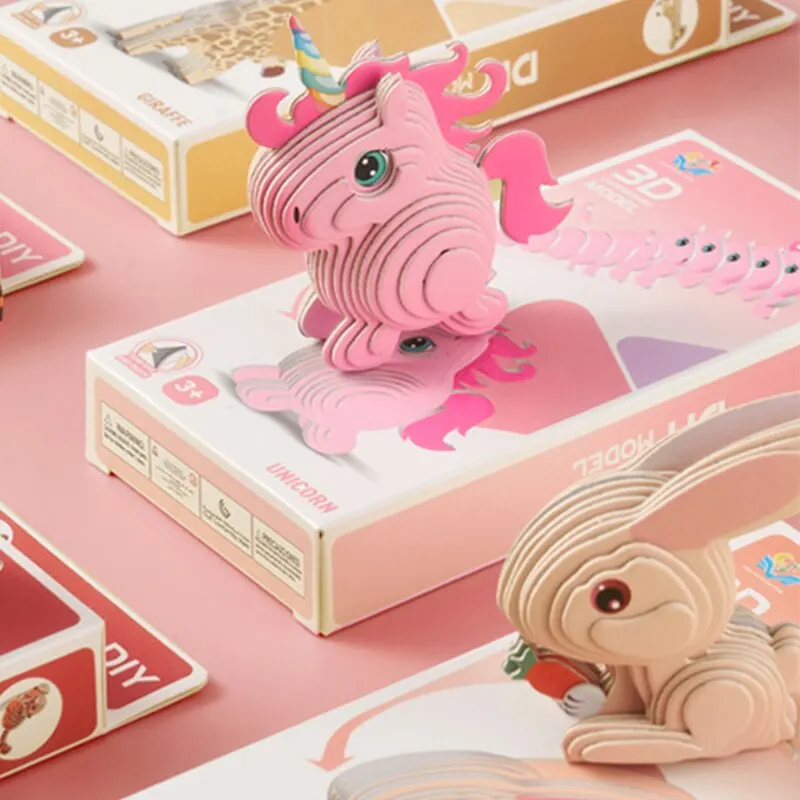 Rompecabezas 3D de papel para niños, juguete educativo Montessori, ensamblaje Manual, unicornio, conejo, divertido, DIY