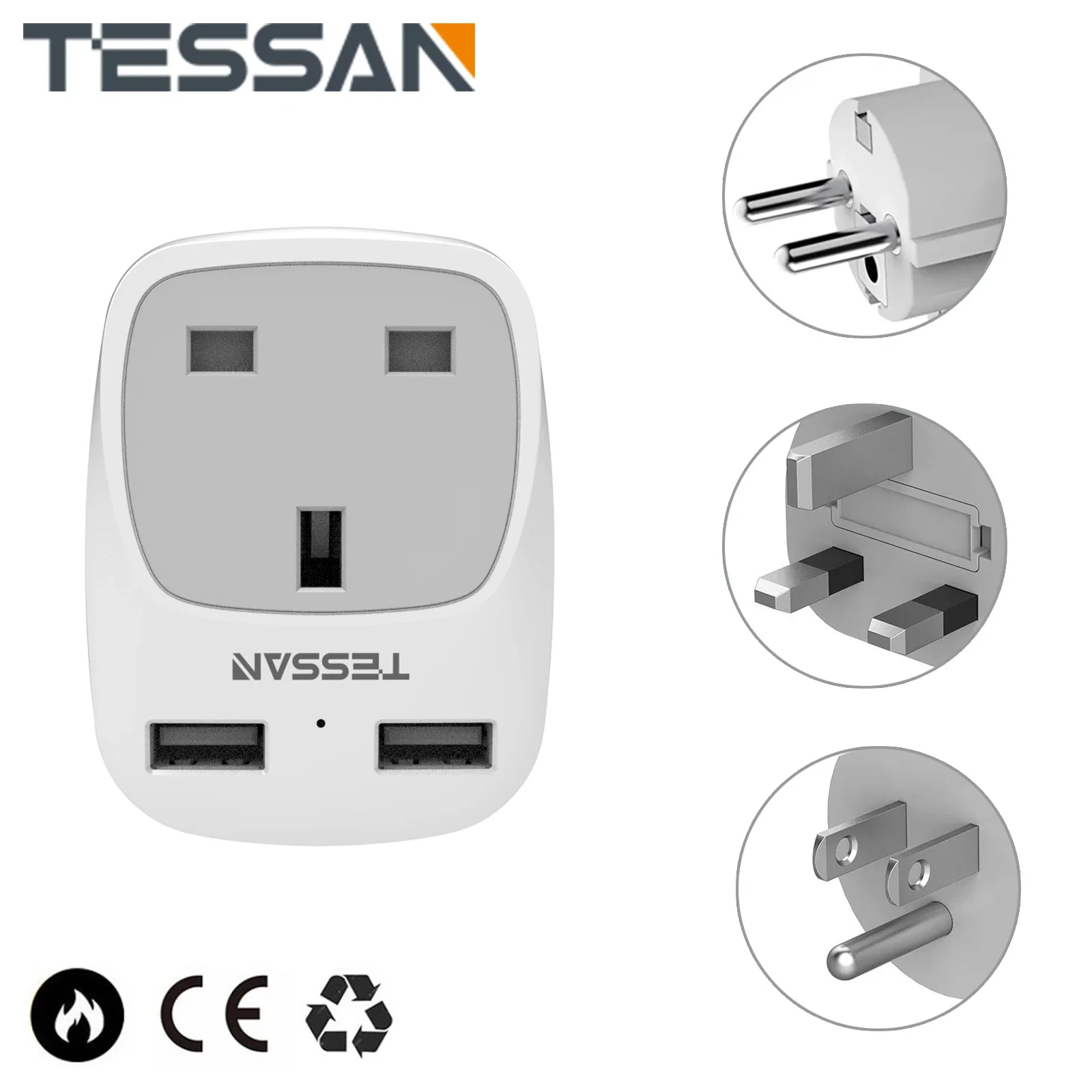 TESSAN UK to EU/US Travel Plug Adapter with 2 USB Ports (2.4A), 3 in 1 Wall USB Charger with Overload Protection for Home/Travel