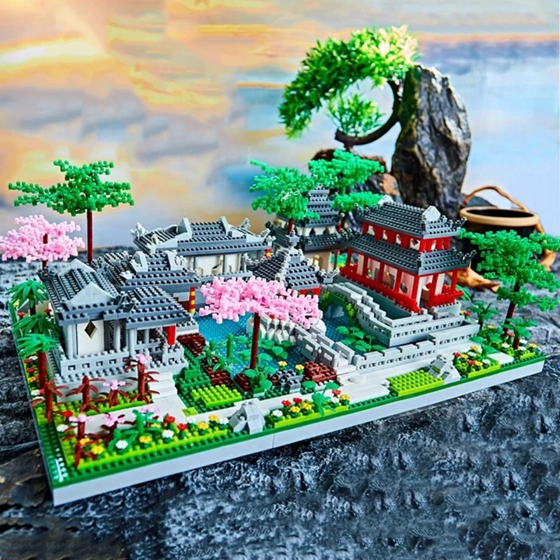 LJ 801 Ancient Architecture Yard Garden Pavilion Temple Lake Tree 3D Mini Diamond Blocks Bricks Building Toy for Children No Box