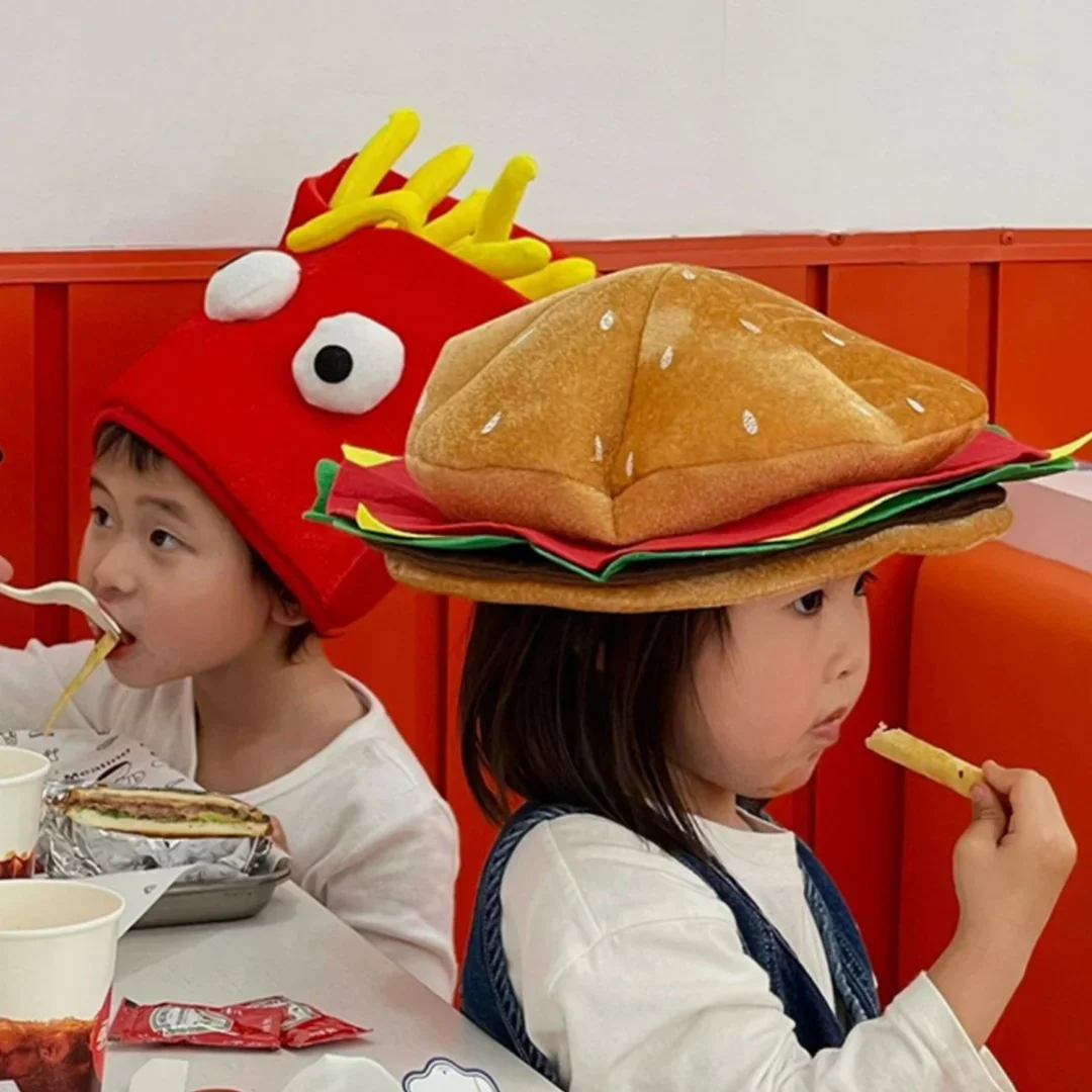 2025 Chapeaux de hamburger et de frites fun pour femmes et hommes, dessin animé pour adultes, garde au chaud, jouets en
