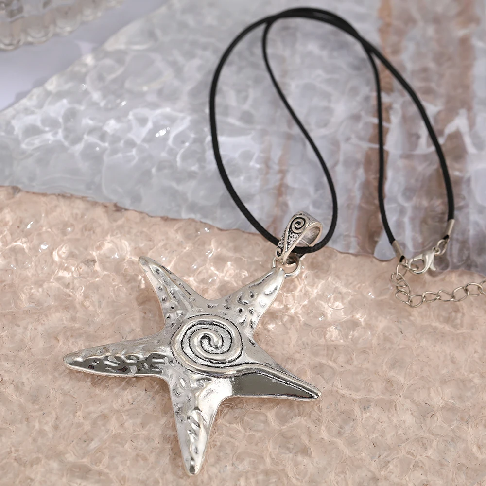 Punk Gothic Exaggerate Metal Irregular Pentagram Star Glazed Starfish Pendant Necklace for Women Girl Y2K Jewelry