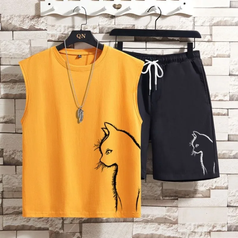 

Men Sleeveless Tank Top And Shorts Two Piece Set Cute Cat Design Unisex Plus Size Summer Outfit