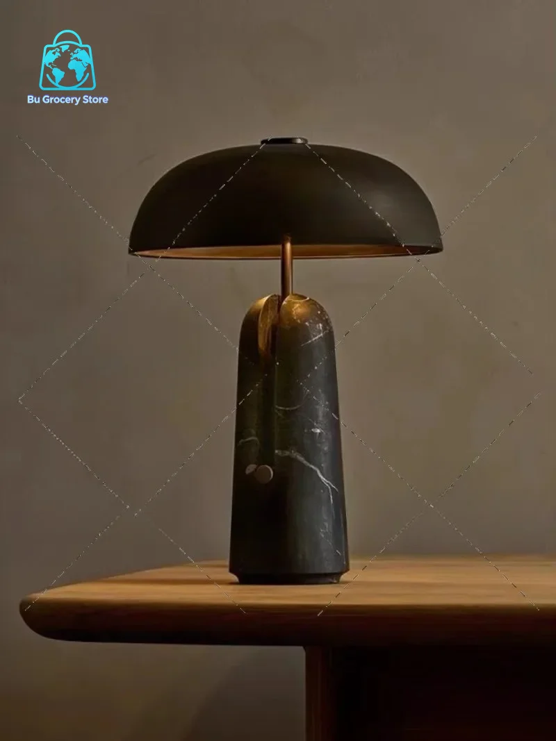 Travertine Mushroom Table Lamp Wabi Sabi Bedside Lamp for Living Room Bedroom Study Soft Light Desk Lamp