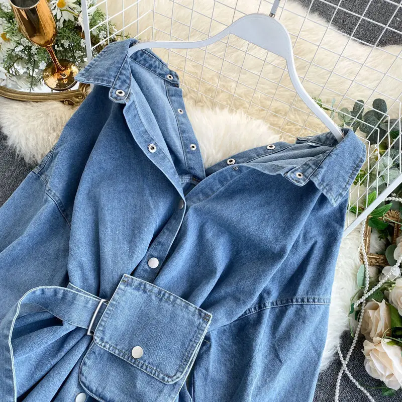 Casual Denim Shirt Tie Waist Adjustable Denim Shirt Backless Multiway Versatile Jean Blouse Short Sleeve Loose Denim Top view 4