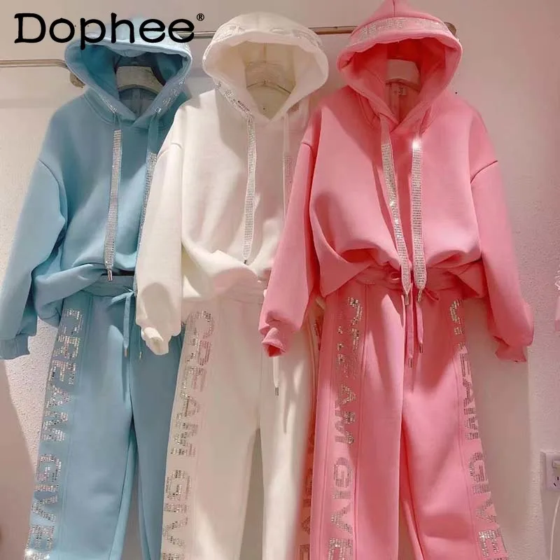 Women TrackSuit Rhinestone Letters Velvet Padded Hooded Sweatshirt+Casual Sport Pants Loose Fashion Pink Two-Piece Sets Winter