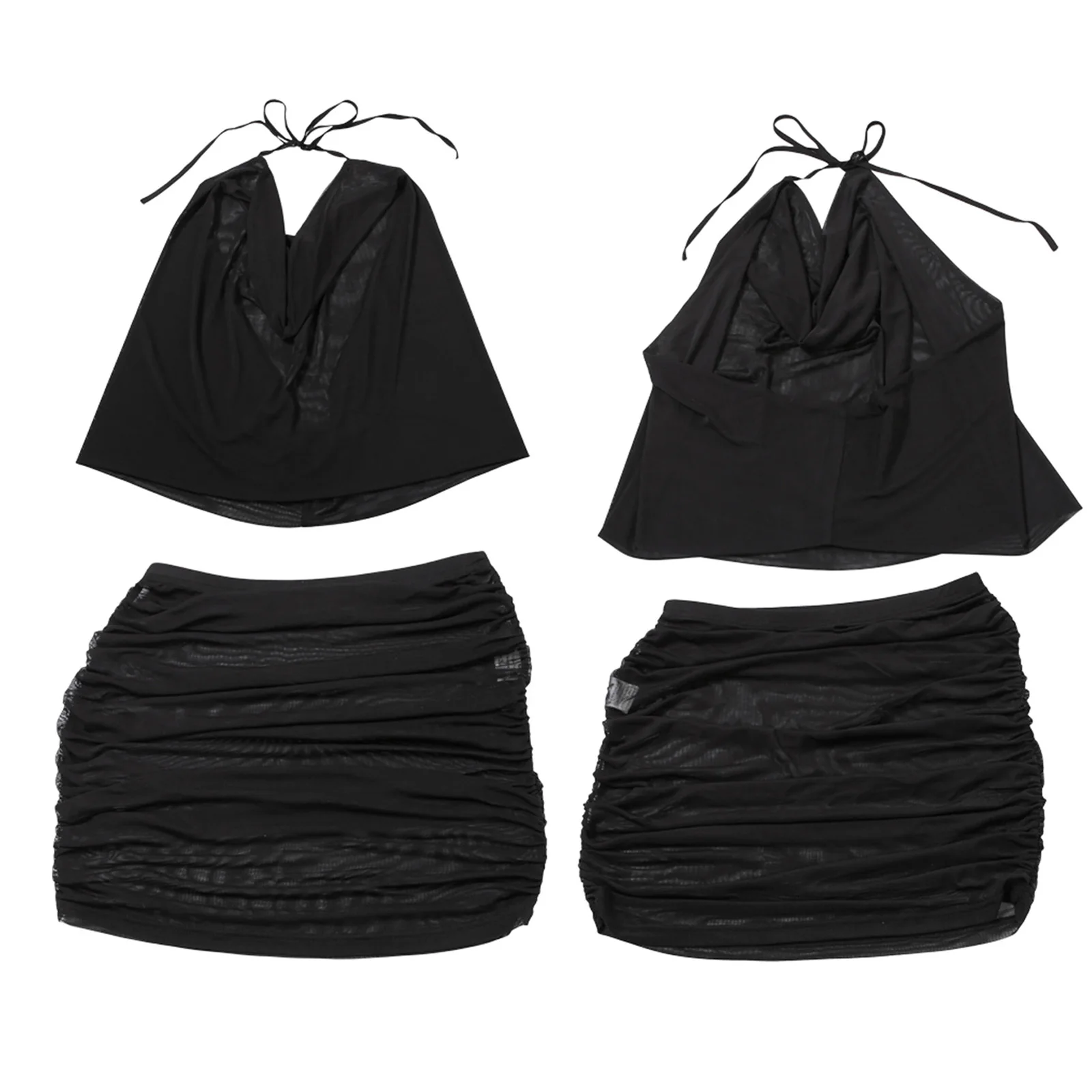 Sexy Sheer Mesh Swinging Pleated 2 Piece Set Summer Solid Halter Backless Crop Tops Mini Skirts Rave Club Party Outfits 2025