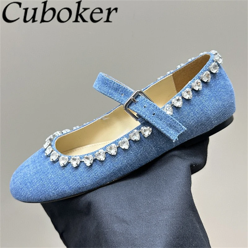 

2024 Summer Blingbling Heart-shaped Crystal Ballet Flat Shoes Women Round Toe Mary Janes Shoes Elegant Dress Single Shoes Mujer