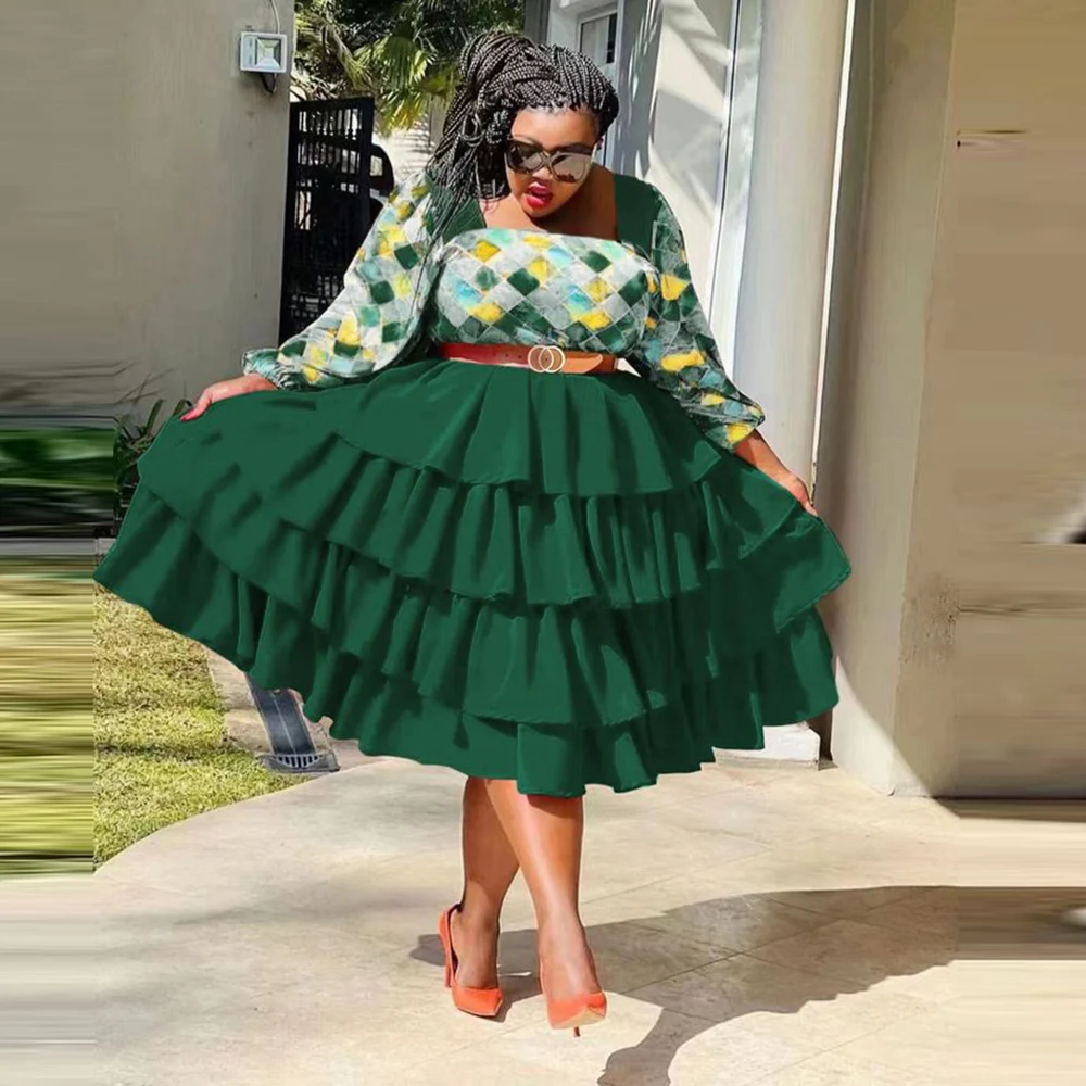 

Dark Green Tiered Skirts Lady High Waist A Line Skirt Girls Birthday Party Skirt Mid-Calf Women Formal Wear Skirt