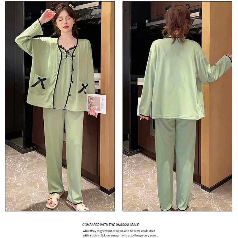 M-5XL Plus Size Women Pajamas Korean Students 3 Piece Set Sleepwear Solid Bra Free Camisole Cardigan Pants Homewear Loungewear