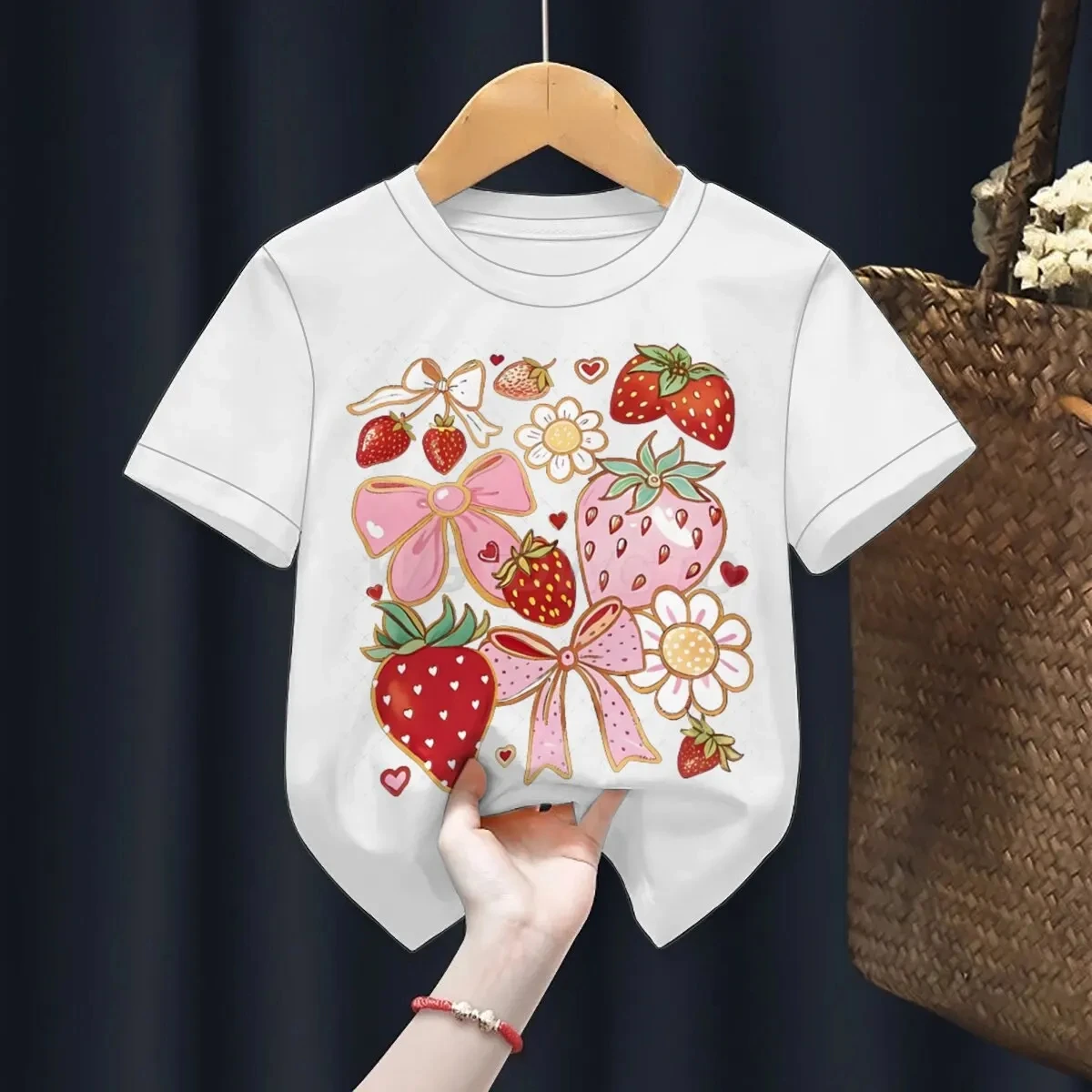 Boys Girls Sweet Strawberry Bow Floral Print T‑Shirt Short Sleeve O‑Neck Casual Loose Kids Cute Daily Tees Tops