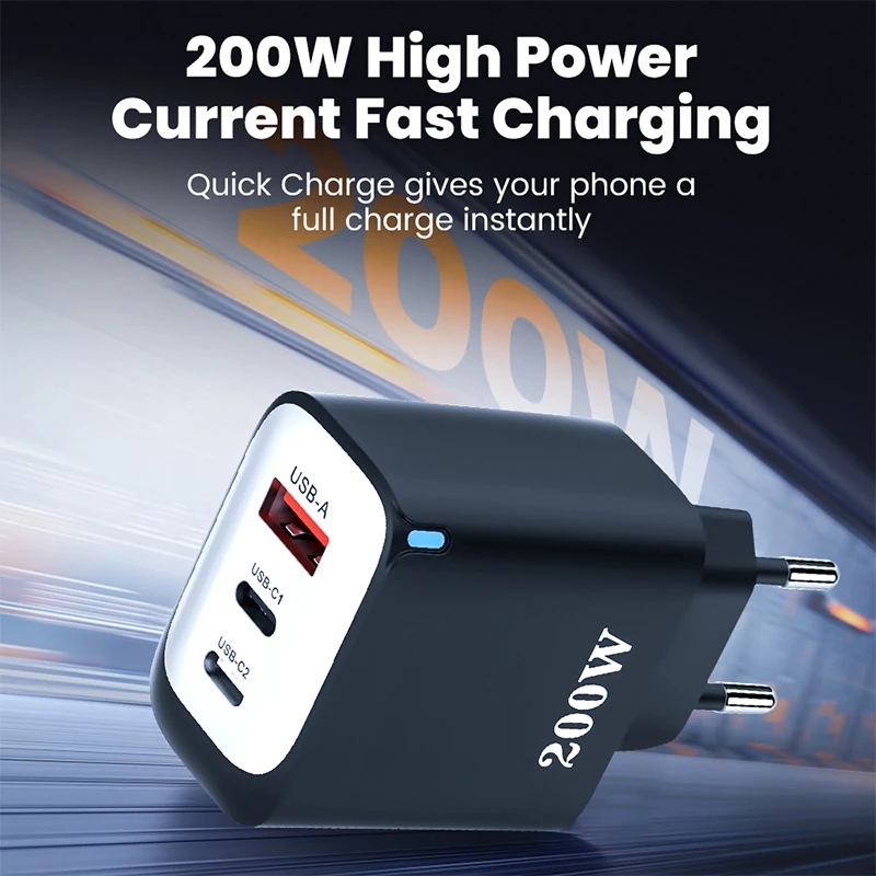 200W 1 USB+2 Type-C 3 Ports Fast Charger Phone Power Adapter EU/US/UK Plug Wall Charger For Xiaomi i