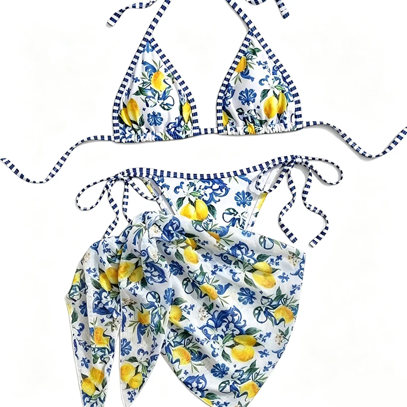 2026 Lemon Themed Sexy Bikini Swimsuit Three Piece Set for Beach And Hot Spring Swimming High Quality Polyester And Spandex