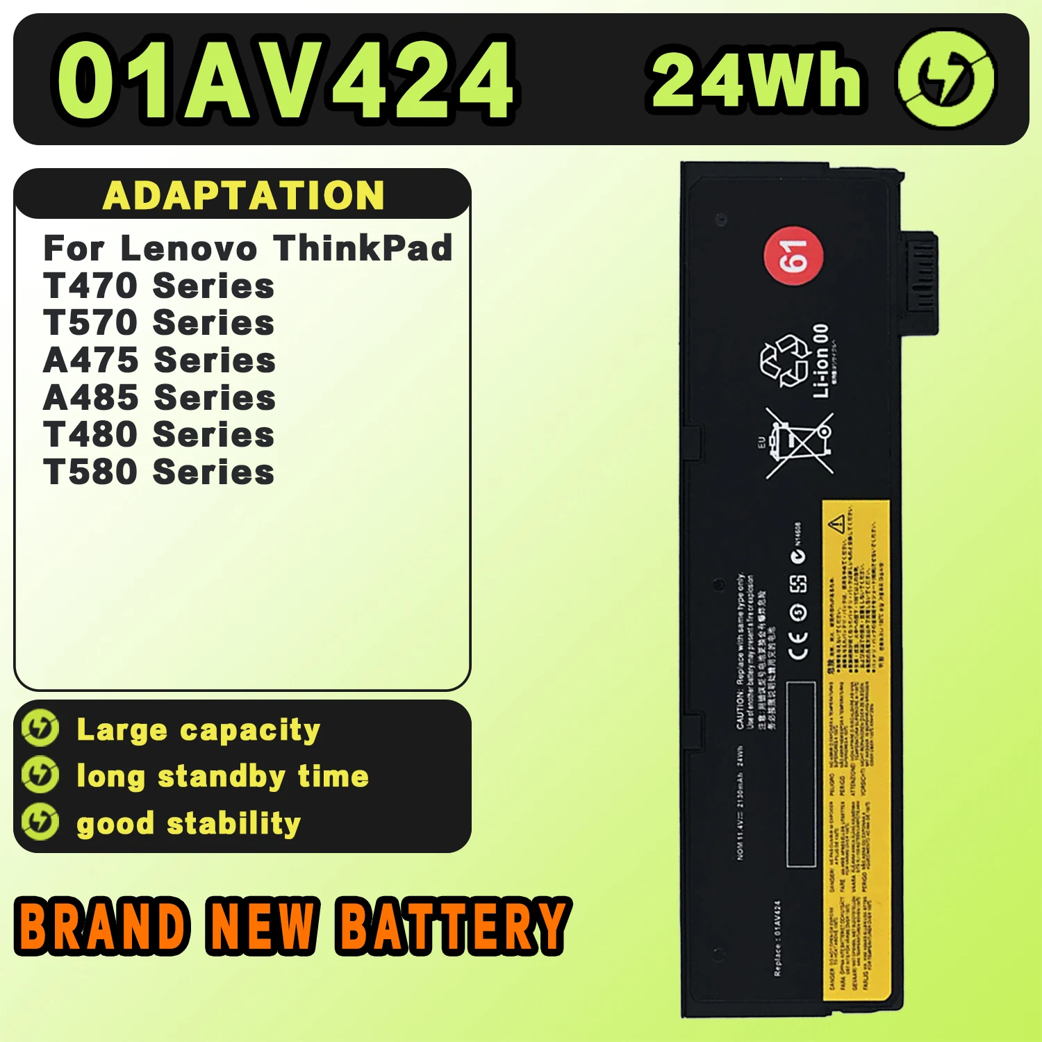 SAT 01AV424 61 New Laptop Batteries Replacement For LENOVO T470 T480 T570 T580 P51S P52S A475 A485 01AV492 01AV426 11.4V24Wh