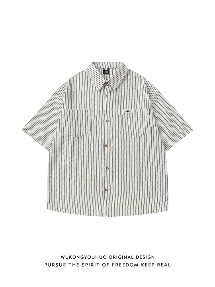 

Summer Casual Loose Men's ort Sve irt with ket Vintage Vertical Stripes Japanese Sle f Sve Breathable Skin-...