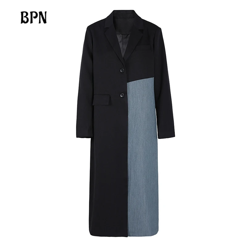 

BPN Colorblack Patchwork Pockets Trench For Women Notched Collar Long Sleeve Spliced Button Temperament Slimming Coats Female