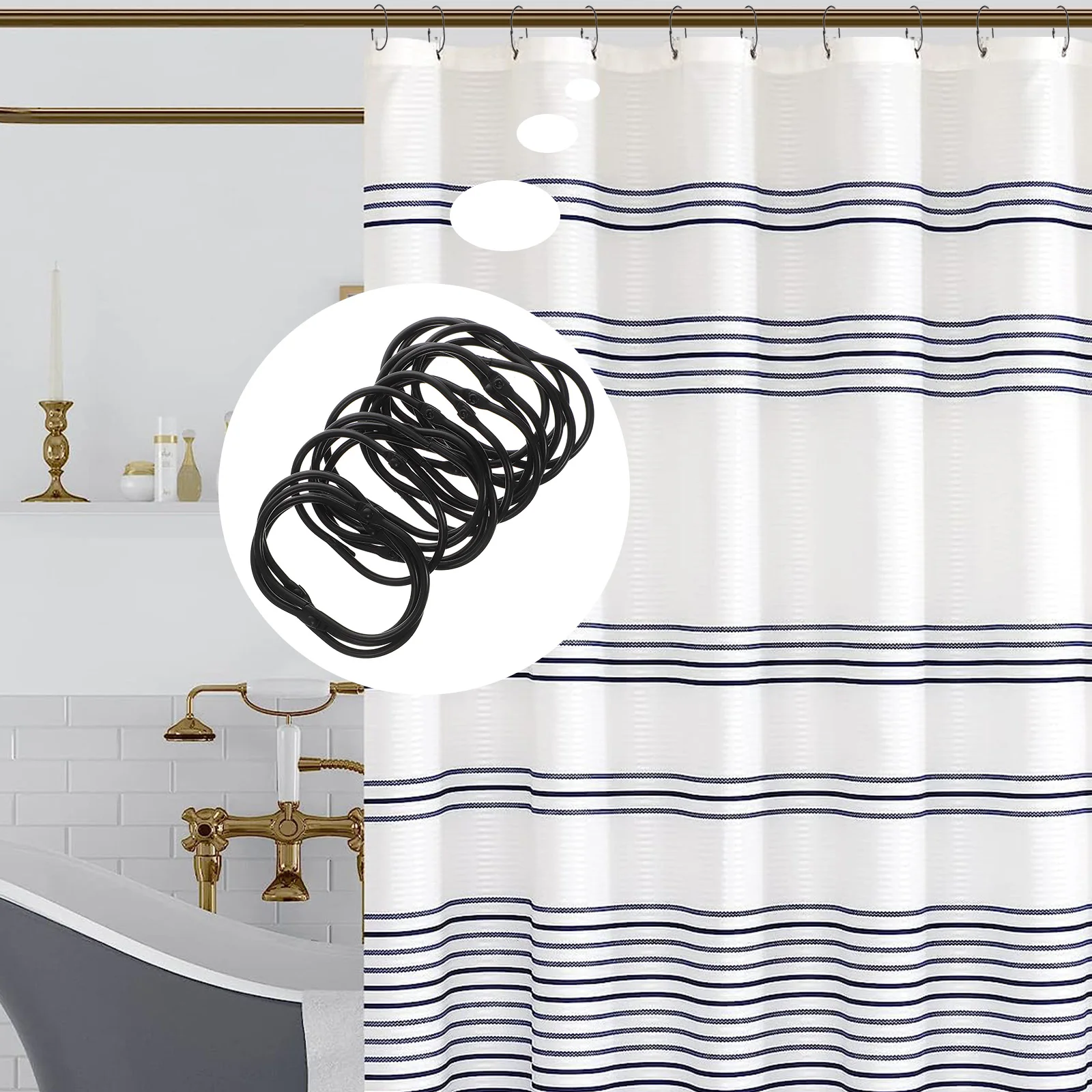 

30Pcs Metal Shower Curtain Hooks Snap Closure Smooth Gliding Rings for Bathroom Heavy Lightweight Curtains Rust Resistant Oval