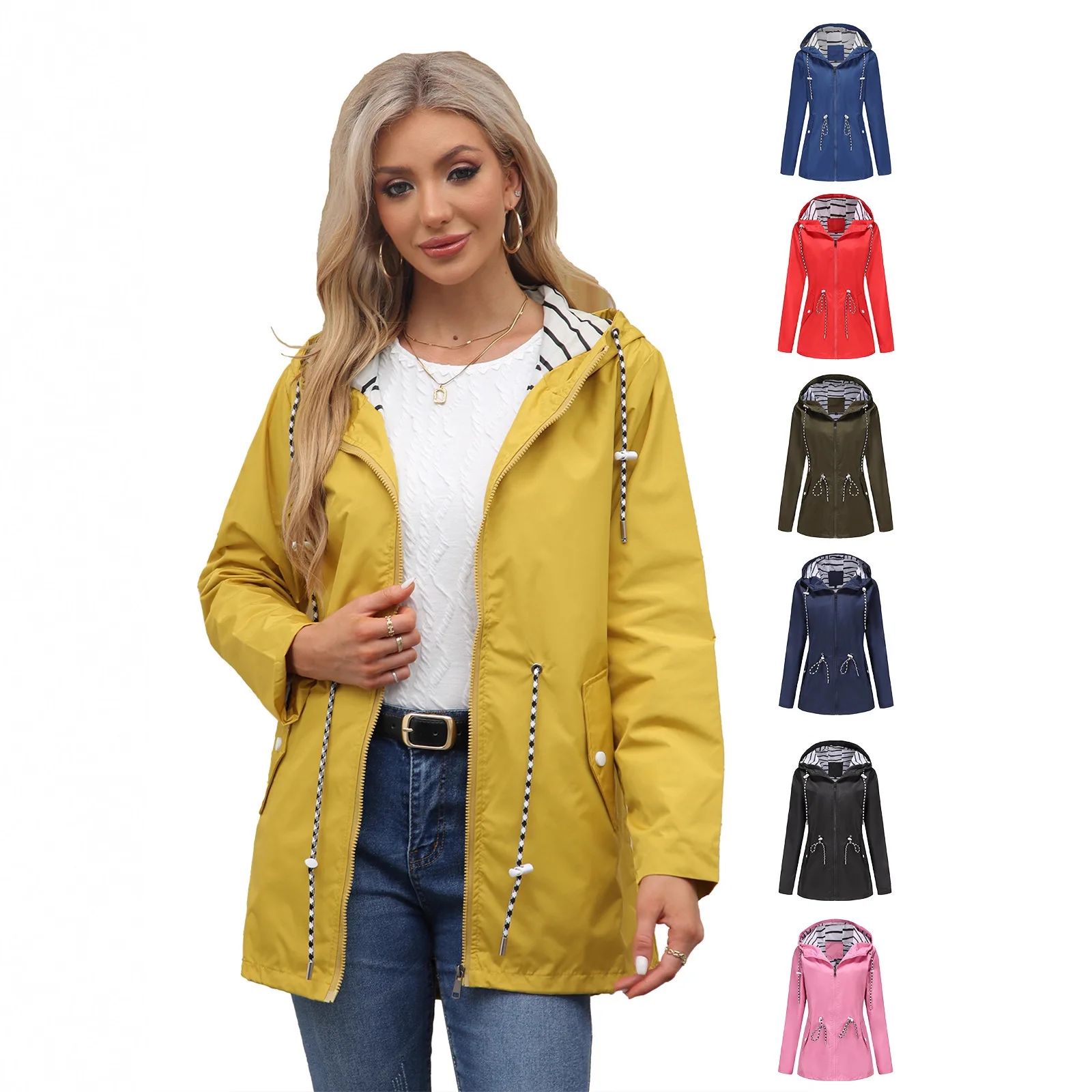 

Women's New Large Size Long-Sleeve Anti-Splashing Medium-Long Hooded Trench Coat Raincoat With Striped Lining