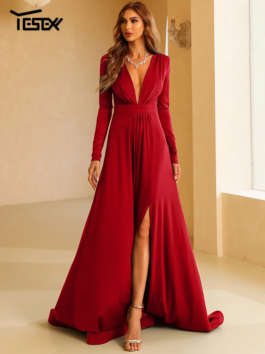 Yesexy New Chic Elegant Woman Dress Burgundy V Neck Long Sleeved A Line Split Evening Prom Formal Occasion Dresses