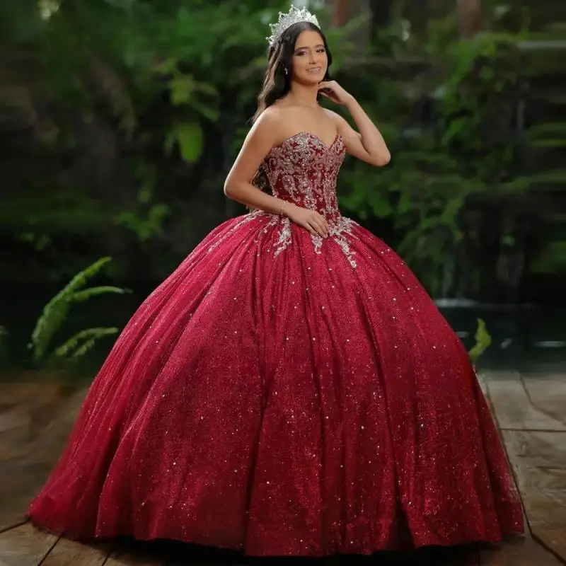 

Бальное платье винного цвета со сверкающими блестками, платья для Quinceanera 2024, винно-красное платье с блестками для дня рождения 15 16, платья для принцессы XV