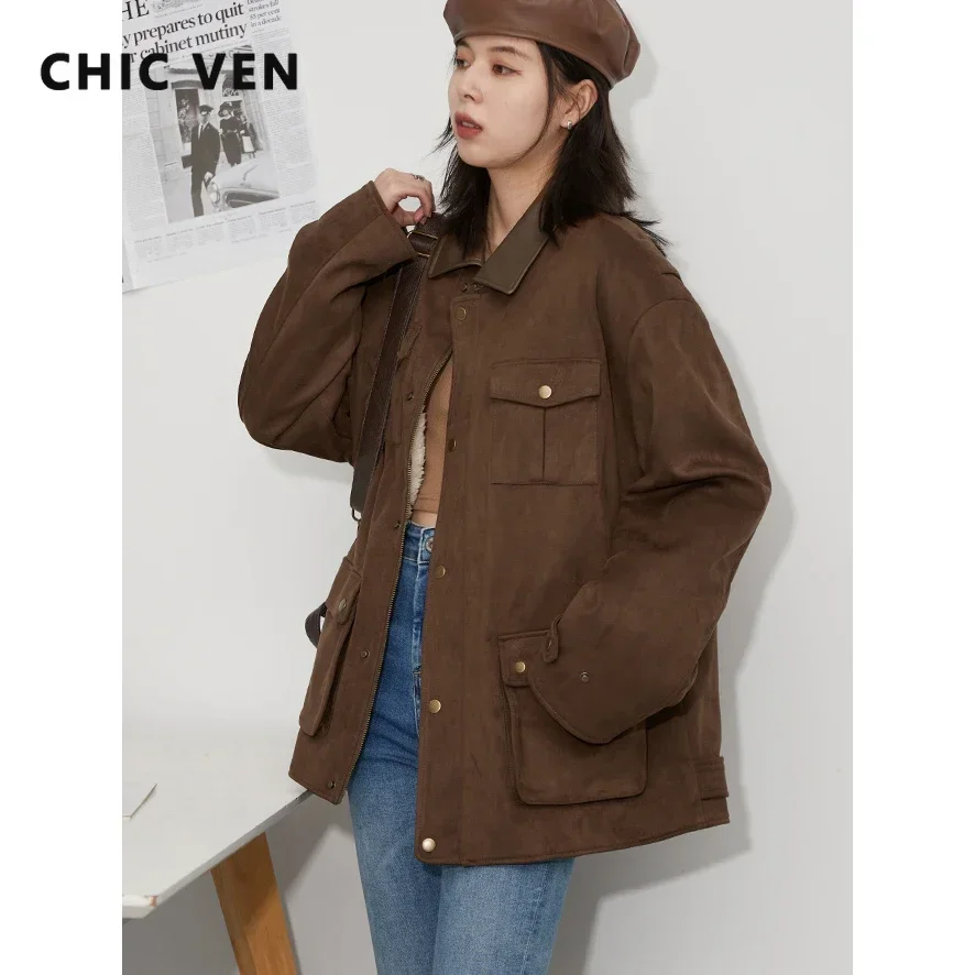 CHIC VEN Women's Jacket Solid Loose Long Sleeve Lapel Suede Coats Thick Warm Female Overcoat Plush Winter Autumn 2023