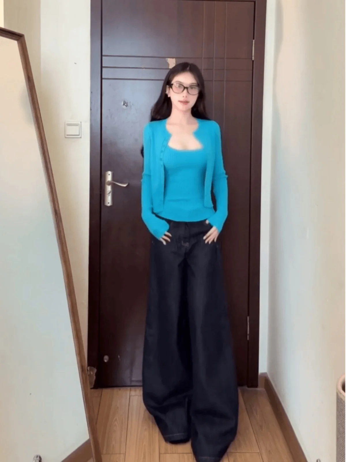 

Deep Blue High Waist Wide Leg Jeans Women's Spring Lazy Style Elegant Flared Denim Pants Floor-Length Trousers Loose Fit