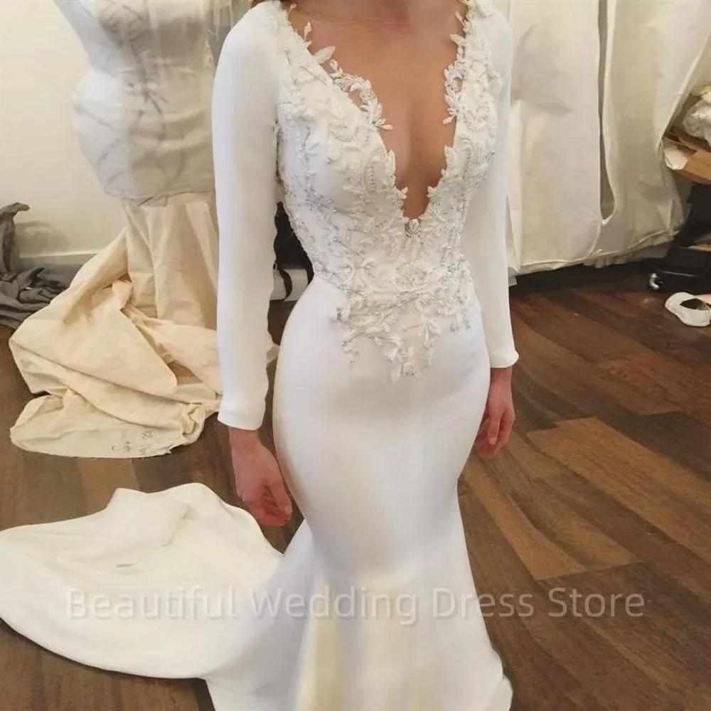 

Modest V-neck Long Sleeve Mermaid Wedding Dresses with Lace Beaded Sweep Train Simple Design Trumpet Bridal Gowns Robe De Mariee