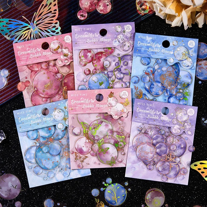 Vintage Hot Foil Die-Cut PET Stickers Dream Bubble Series Ins Style DIY Journal Decor with Bubbles Glossy Finish 20sheets/pack